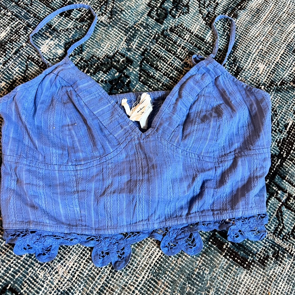 Free People Blue Camisole with Floral Lace Trim medium cropped